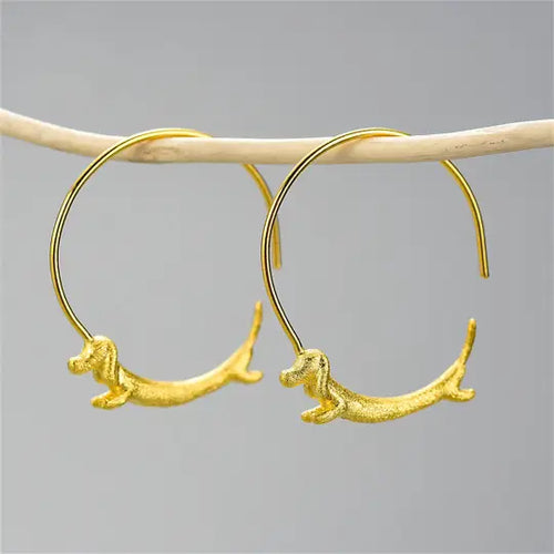 Cute Gold Dachshund Dog Hoop Earrings in 925 Sterling Silver