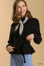 Long Sleeve Baby Doll V-Neck Tie Waist Wrap Sweater - Black