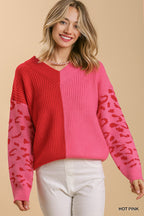 Two Toned V-Neck Knit Pullover Sweater