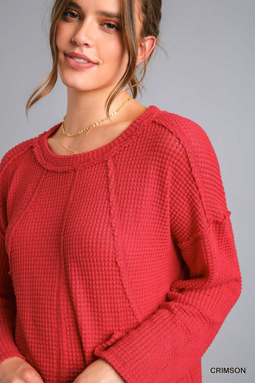 Waffle Knit Reverse Seam Top with Bell Sleeves