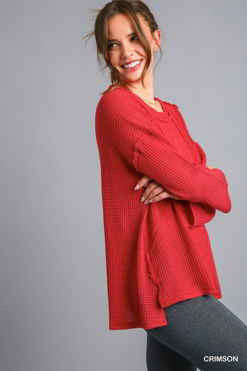 Waffle Knit Reverse Seam Top with Bell Sleeves